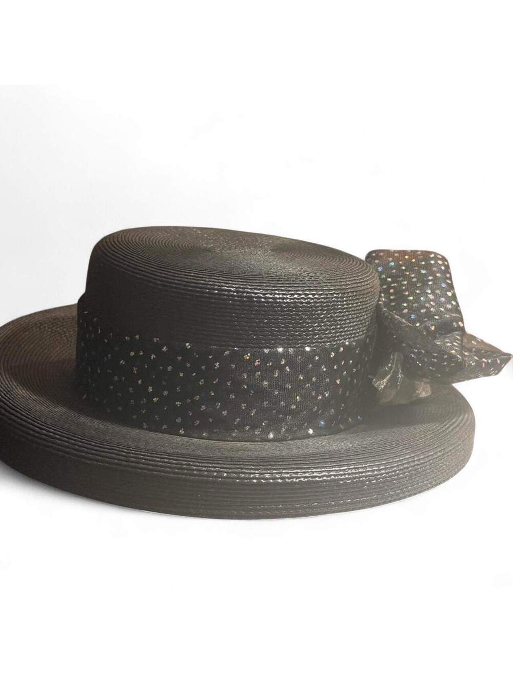 Black Wide Brim Straw Boater Hat with Polka Dot Bow
